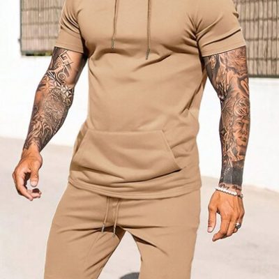 Manfinity Homme Men Fashionable Summer Solid Color Slim Fit Hooded Short Sleeve T-Shirt And Shorts Two-Piece Set