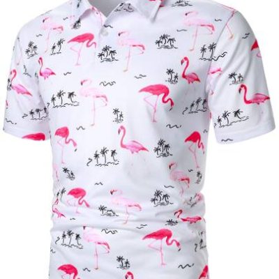 Manfinity Homme Men Flamingo & Palm Tree Print Polo Shirt