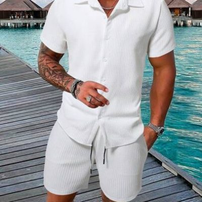 Manfinity Homme Men Solid Color Short-Sleeve Shirt And Shorts Set For Vacation