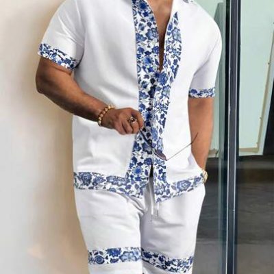 Manfinity Homme Men’s Floral Print Patchwork Shirt And Shorts Set