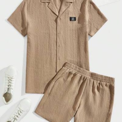 Manfinity Homme Men’S Loose Short Sleeved Turn-Down Collar Shirt And Shorts Woven Casual Two Piece Set