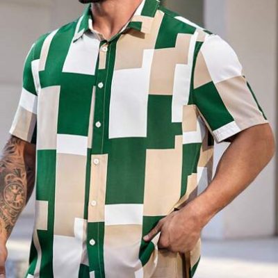 Manfinity Homme Men’s Plus Size Jacquard Weave Geometric Pattern Short Sleeve Shirt