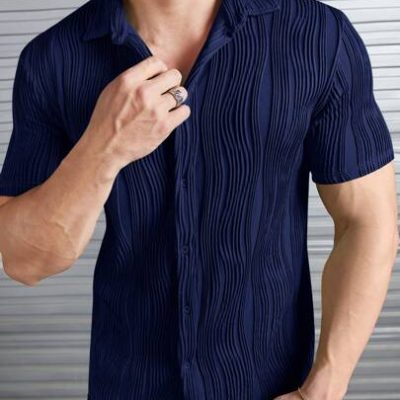 Manfinity Homme Men’s Solid Color Fashionable Knitted Short Sleeve Casual Shirt