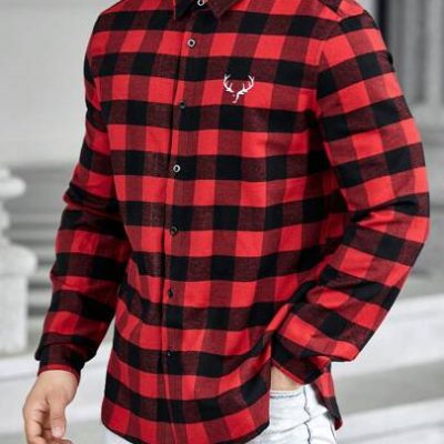 Manfinity Hypemode Loose Fit Men’s Antler Graphic Buffalo Plaid Printed Shirt