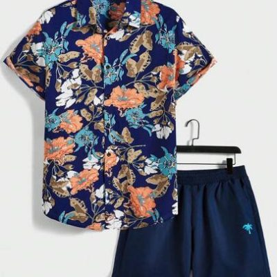 Manfinity LEGND Men’s Hawaiian Printed Shirt Plus Coconut Tree Pattern Shorts Set