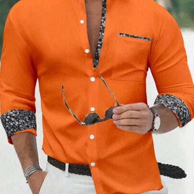 Manfinity Mode Men’s Fashionable Casual Printed Patchwork Long Sleeve Orange Shirt