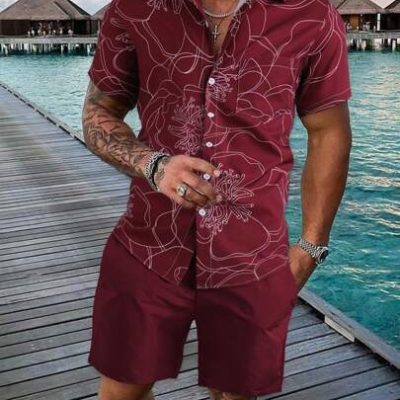 Manfinity RSRT Men Floral Print Shirt & Drawstring Waist Shorts Without Tee