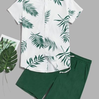 Manfinity RSRT Men Tropical Print Shirt & Drawstring Waist Shorts Set