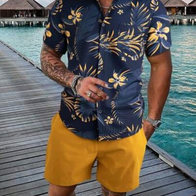 Manfinity RSRT Men Tropical Print Shirt & Drawstring Waist Shorts Without Tee