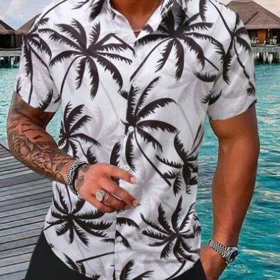 Manfinity RSRT Men’s Coconut Tree Pattern Button-front Short Sleeve Shirt