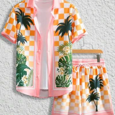 Manfinity RSRT Men’s Palm Tree & Checkered Pattern Short Sleeve Shirt And Shorts Set