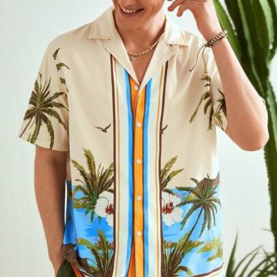 Manfinity VCAY Loose Fit Men’s Coconut Tree Jacquard Casual Short Sleeve Shirt