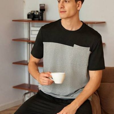 Men Color Block Patch Pocket Round Neck Short Sleeve Top And Shorts Set For Summer Casual Homewear