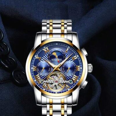 Men Full-Automatic Stainless Steel Waterproof Hollowed-Out Tourbillon Luminous Calendar Moon Phase Fashion Mechanical Wristwatch