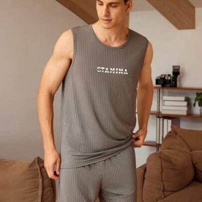 Men Letter Print Spring And Summer Vest And Shorts Homewear Set