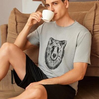 Men Round Neck Wolf Print Casual Everyday Short Sleeve T-Shirt And Shorts Homewear Set