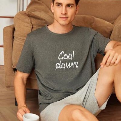 Men Simple Printed Short-Sleeve Pajama Shorts Set