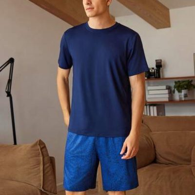 Men Simple Solid Color Round Neck Short Sleeve And Shorts Home Clothing Set