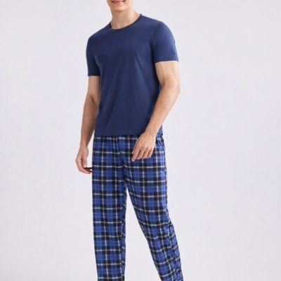 Men Solid Color Round Neck Short Sleeve Top And Plaid Pants Casual Homewear Set