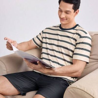 Men Striped Round Neck Short Sleeve Top And Shorts Summer Casual Homewear Set