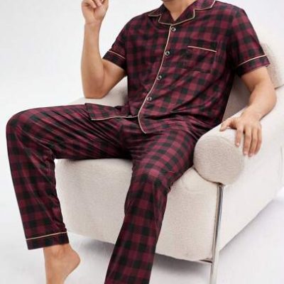 Men Summer Fashion Plaid Short-Sleeved Long Pants Homewear Set