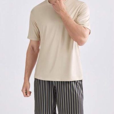 Men Summer Solid Color Round Neck Short Sleeve Top And Striped Shorts Casual Sleepwear Set