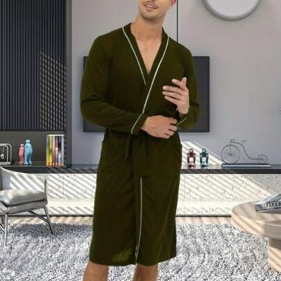 Men Thin Spring And Summer Long-Sleeved Stripe Color-Blocked Bathrobe Pajamas Robe