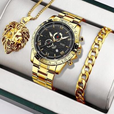 Men Watch 1pc Men’s Gold Stainless Steel Calendar Casual Sports Quartz Wristwatch With 2pcs Lion Head Necklace & Bracelet Set Watch For Men