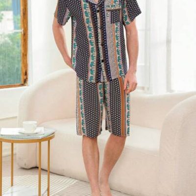 Men’s Animal Geometric Printed Short Sleeve Shirt And Shorts Homewear Set