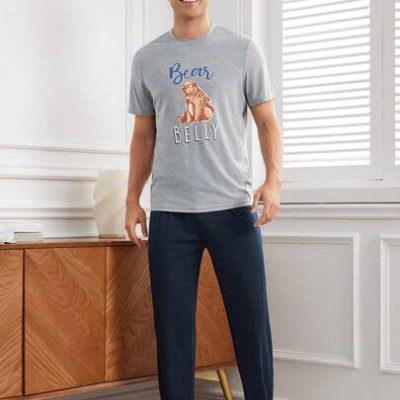 Men’s Animal & Letter Printed Top And Solid Color Pants Homewear Set