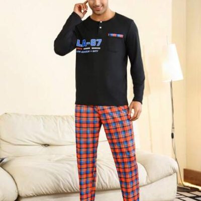 Men’S Casual Button Half Placket Long Sleeve T-Shirt And Plaid Pants Home Wear Set