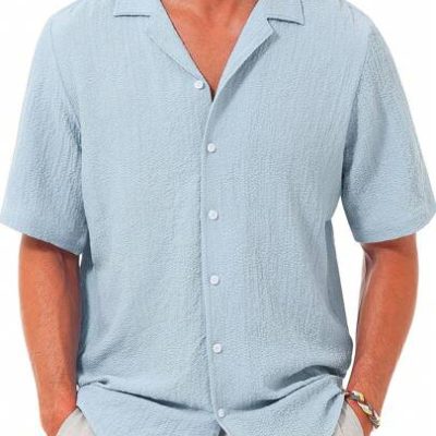 Men’s Casual Solid Color Textured Short Sleeve Button Down Shirt