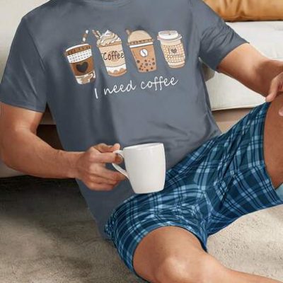 Men’s Coffee Print Short Sleeve Top And Plaid Shorts Homewear Set