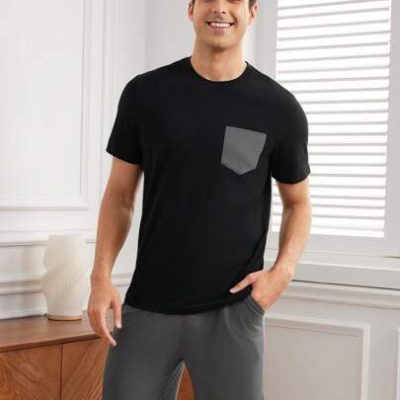 Men’s Color Block Patch Pocket Short Sleeve Top And Solid Color Shorts Homewear Set