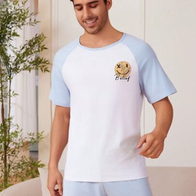 Men’s Comfortable Contrast Color Cartoon Printed Homewear Set