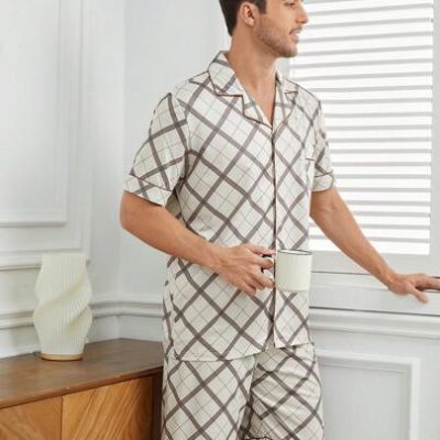 Men’s Comfortable Plaid Contrast Trimmed Hem Home Wear Set