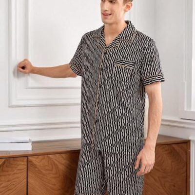 Men’s Geometric Print Polo Collar Short Sleeve And Shorts Homewear Set