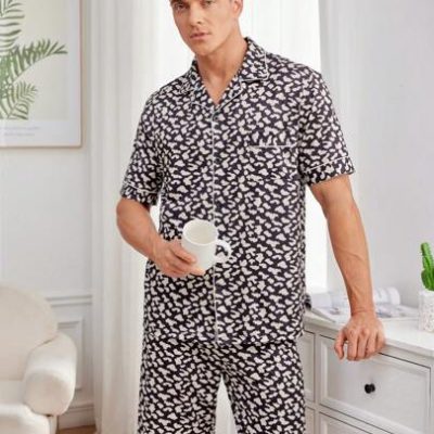 Men’s Leopard Print Short Sleeve Shirt And Shorts Homewear Set