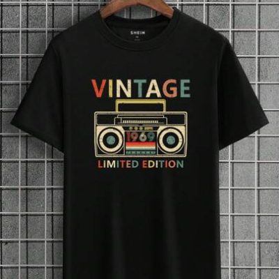 Men’s Letter And Tape Recorder Printed T-Shirt Vintage