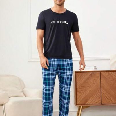 Men’S Letter Print Short Sleeve & Plaid Long Pants Homewear Set