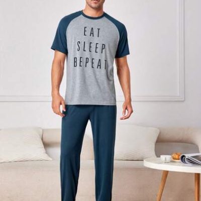 Men’S Letter Print Short Sleeve Top And Pants Homewear Set