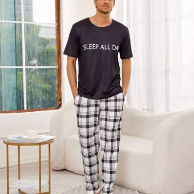 Men’s Letter Print Short Sleeve Top And Plaid Pants Pajama Set