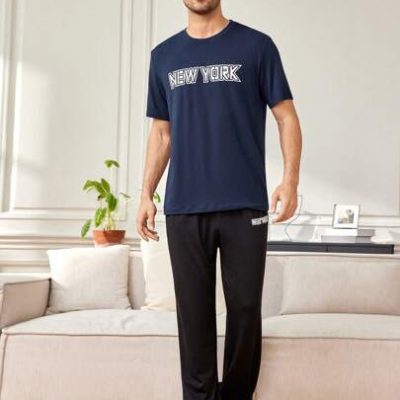 Men’S Letter Printed Color Block Short Sleeve Homewear Set