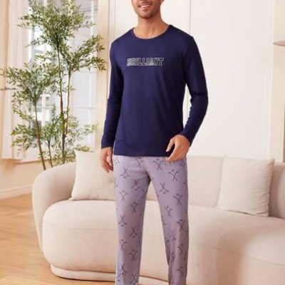 Men’s Letter Printed Long Sleeve Top And Allover Printed Pants Home Wear Set