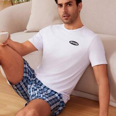 Men’s Letter Printed Top And Plaid Shorts Homewear Set