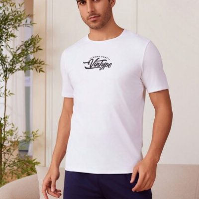 Men’s Letter Printed Top And Solid Color Shorts Homewear Set