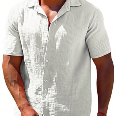 Men’s Linen Texture Button Down Shirt With Collar