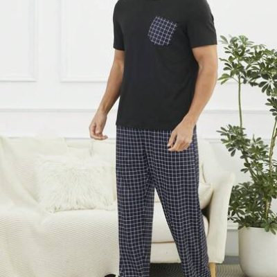 Men’S Loose Fit Plaid Patchwork Casual Homewear Set