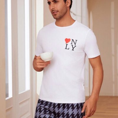 Men’s Love Heart & Letter Print Top And Plaid Shorts Homewear Set