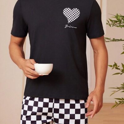 Men’s Love Heart & Letter Print Top With Plaid Shorts Homewear Set